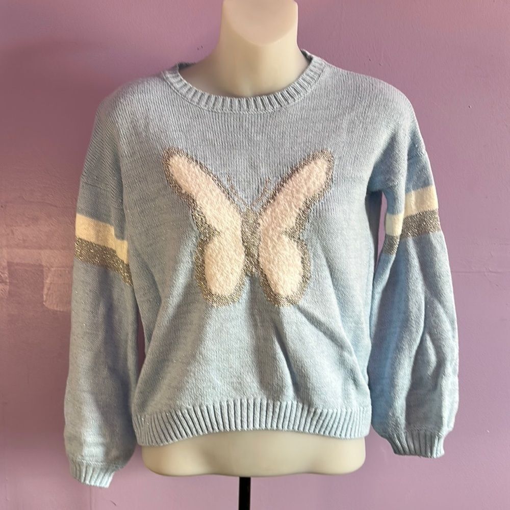 Arizona Jean Co Blue Butterfly Sweater Pullover Women's Size M Medium Knit